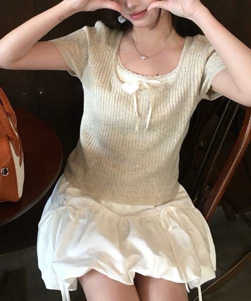 Lace Ladies(レースレディース)の「リボン付き インナー ドッキング 半袖 リブ ニット プルオーバー(ニット/セーター・レディース・ブラック/グレイッシュベージュ/ブルー/グレー・FREE)」の6枚目の写真
