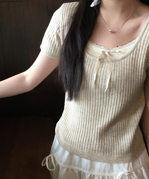 Lace Ladies(レースレディース)の「リボン付き インナー ドッキング 半袖 リブ ニット プルオーバー(ニット/セーター・レディース・ブラック/グレイッシュベージュ/ブルー/グレー・FREE)」の7枚目の写真