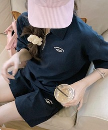 REMUR（レミュール）の「[2点セット] ハーフジップトップス+ショートパンツ セットアップ（ルームウェア/パジャマ）」