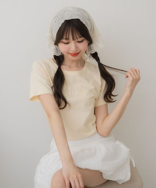 ems excite(エムズエキサイト)の「スパンコールロゴTEE(Tシャツ/カットソー・レディース・ピンク/イエロー/オフホワイト・FREE)」の4枚目の写真