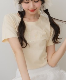 エムズグレイシー 半袖Tシャツ プリント サングラス スパンコール リボン 40 カジュアルシャツ 前身レースブラウス 七分袖 サックス
