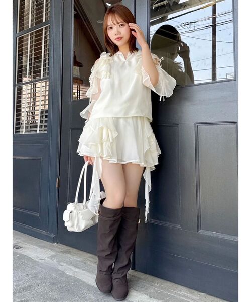 新品♡OBLIオブリ　シアードットジャガードスカート　ホワイト36S セール】シアーフルイドフリルミニスカート（スカート