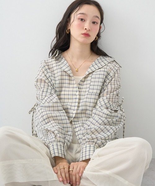 earth music&ecology(アースミュージックアンドエコロジー)の「2wayショルダードロストリボンチェックシャツ(シャツ/ブラウス・レディース・ブラウン/イエロー/クリーム・FREE)」の3枚目の写真