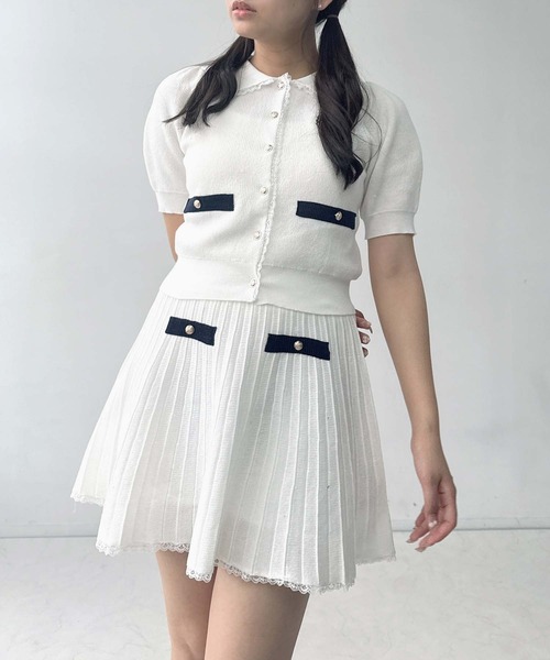 AS KNOW AS plus（アズノゥアズプラス）の「●2点セット 襟付半袖ニットカーディガン＋ニットプリーツミニスカート セットアップ（セットアップ・レディース・ネイビー/杢グレー/アイボリー・FREE）」の2枚目の写真