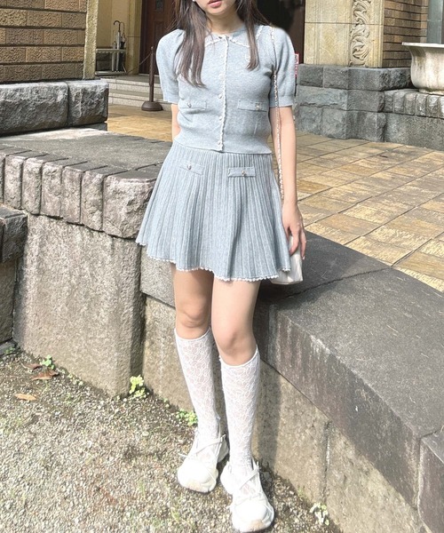 AS KNOW AS plus（アズノゥアズプラス）の「●2点セット 襟付半袖ニットカーディガン＋ニットプリーツミニスカート セットアップ（セットアップ・レディース・ネイビー/杢グレー/アイボリー・FREE）」の8枚目の写真