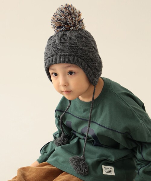 BEAMS mini（ビームスミニ）の「耳付き ポンポン ニットワッチ 2025FW（ニットキャップ/ビーニー・キッズ・グレー系その他/ブラウン系その他2・ONE SIZE）」の7枚目の写真