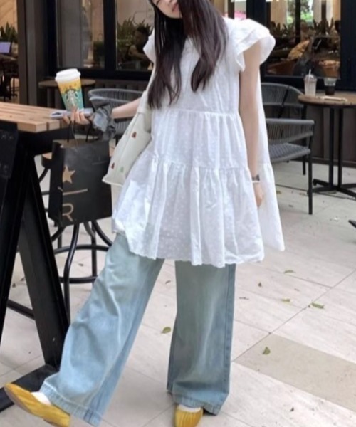 gossip！ロサンゼルス（ゴシップロサンゼルス）の「小花刺繍フリル肩段々ギャザーノースリーブチュニック/レース ティアードミニ丈ワンピース（チュニック・レディース・ホワイト・M）」の14枚目の写真