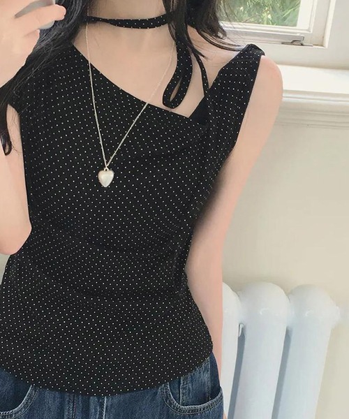 Nia(ニア)の「Nia(ニア)/ドット柄 半袖 ワンショルダーリボントップス(Tシャツ/カットソー・レディース・アイボリー/ピンク/ブラック・MEDIUM/SMALL)」の10枚目の写真