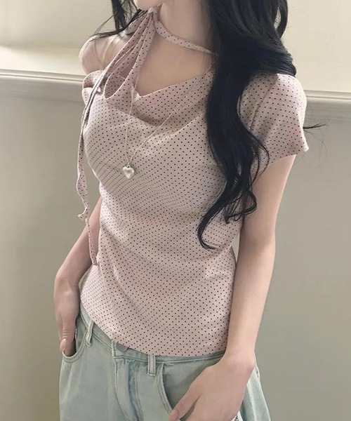 Nia(ニア)の「Nia(ニア)/ドット柄 半袖 ワンショルダーリボントップス(Tシャツ/カットソー・レディース・アイボリー/ピンク/ブラック・MEDIUM/SMALL)」の15枚目の写真