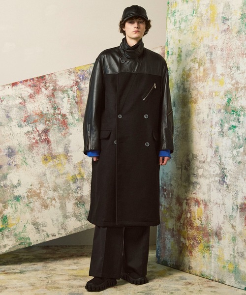UNISEX》Sheep Leather Melton Combination Chester coat/シープレザー
