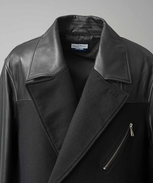 UNISEX》Sheep Leather Melton Combination Chester coat/シープレザー