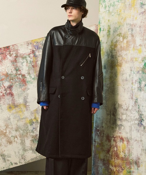 UNISEX》Sheep Leather Melton Combination Chester coat/シープレザー