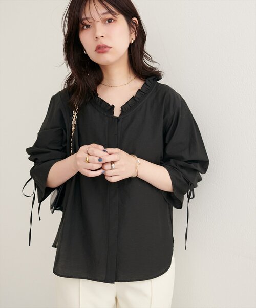 セール】【WEB限定】フリルVネックキャンディスリーブブラウス（シャツ