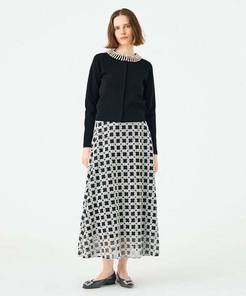 ウールポリエステルパールコンビ クルーネックカーディガン