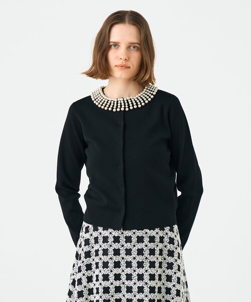 ウールポリエステルパールコンビ クルーネックカーディガン