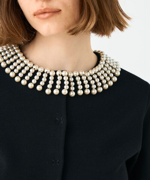 ウールポリエステルパールコンビ クルーネックカーディガン