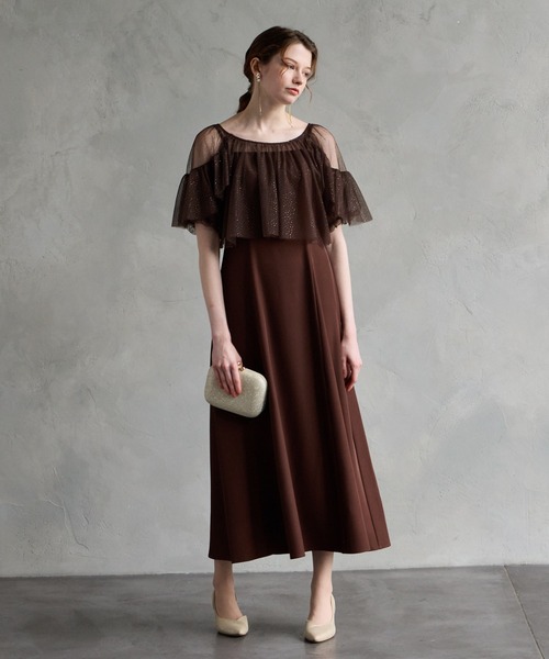 AIMER(エメ)の「グリッターチュールフリルスリーブブラウス×キャミソールロングワンピース 2点セットパーティードレス 結婚式 お呼ばれ ドレス 20代 30代(ドレス・レディース・チャコールグレー/スカイブルー/ブラウン・MEDIUM/SMALL)」の4枚目の写真