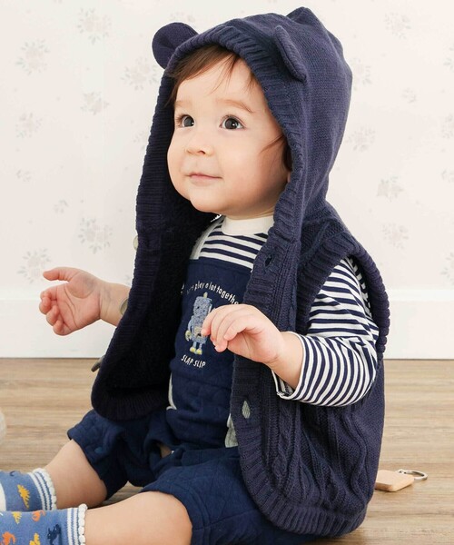 SLAP SLIP BABY（スラップスリップベビー）の「【お揃い】クマ耳フード付き裏ボアニットベストベビー(70~80cm)（その他ベビーウェア・キッズ・ネイビー/オフホワイト・FREE）」の2枚目の写真