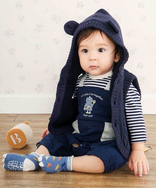 SLAP SLIP BABY（スラップスリップベビー）の「【お揃い】クマ耳フード付き裏ボアニットベストベビー(70~80cm)（その他ベビーウェア・キッズ・ネイビー/オフホワイト・FREE）」の9枚目の写真