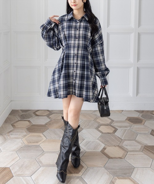 clear（クリア）の「チェックシャツミニワンピース［大人 カジュアル 着回し力抜群］≪AW新作≫（ワンピース・レディース・ブラウン/ネイビー・F）」の3枚目の写真