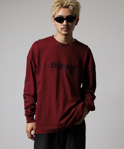 ED HARDY トライバル柄刺繍ルーズサイズ長袖Tシャツ（Tシャツ