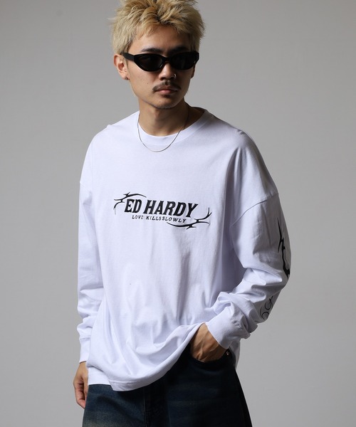 ED HARDY トライバル柄刺繍ルーズサイズ長袖Tシャツ（Tシャツ
