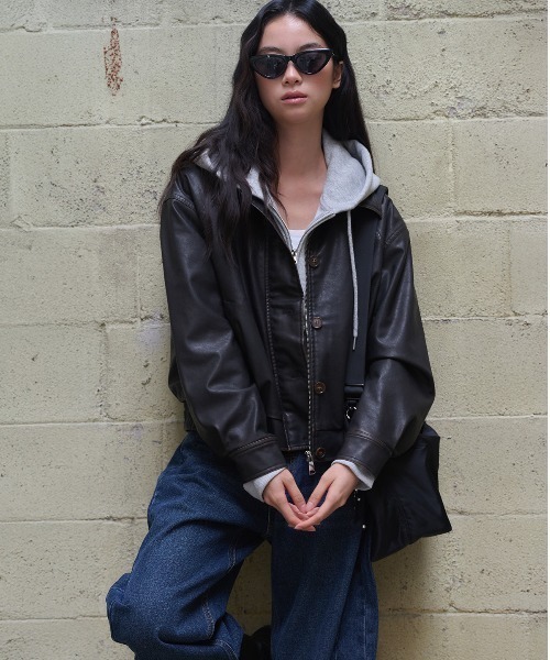 GENERAL IDEA（ジェネラルアイデア）の「【GENERAL IDEA】ヴィンテージウォッシングフェイクレザーブルゾン / VINTAGE WASHING FAKE LEATHER BLOUSON（ブルゾン・レディース・レンガ/ダークブラウン・L/M/S）」の9枚目の写真