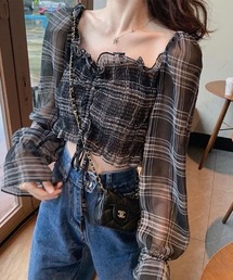 ギャザースクエアネックチェックシアーブラウス