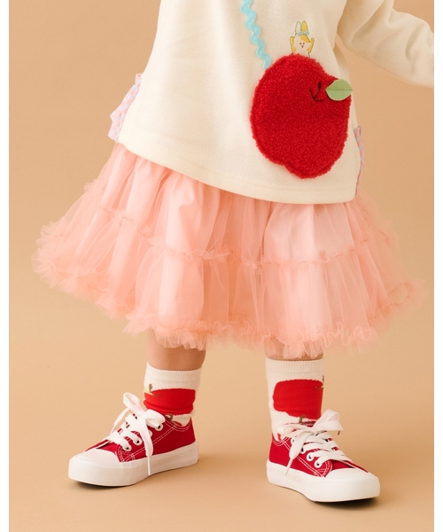 baby cheer(ベイビーチアー)の「りんごクルーソックス(ソックス/靴下・キッズ・サーモンピンク/ホワイト系・15-17cm/13-15cm/11-13cm/9-11cm)」の1枚目の写真