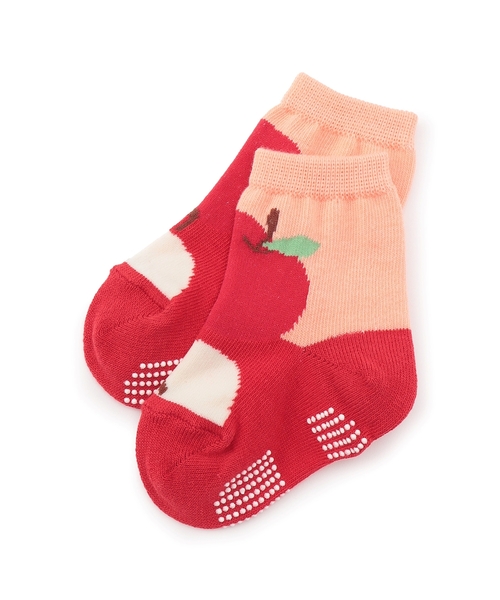 baby cheer(ベイビーチアー)の「りんごクルーソックス(ソックス/靴下・キッズ・サーモンピンク/ホワイト系・15-17cm/13-15cm/11-13cm/9-11cm)」の2枚目の写真