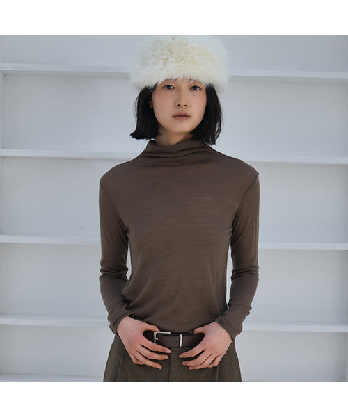 HOWUS(ホワス)の「WOOL BLEND MOCK NECK T-SHIRT (BEIGE)(Tシャツ/カットソー・レディース・ブラウン・ONE SIZE)」の1枚目の写真