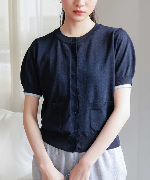 miette（ミエット）の「袖配色サマーニット半袖カーディガン（カーディガン/ボレロ・レディース・ネイビー/ブラウン/チャコール/ライトピンク・L/M/S）」の3枚目の写真