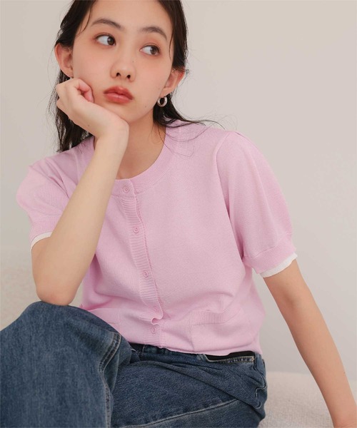 miette（ミエット）の「袖配色サマーニット半袖カーディガン（カーディガン/ボレロ・レディース・ネイビー/ブラウン/チャコール/ライトピンク・L/M/S）」の4枚目の写真