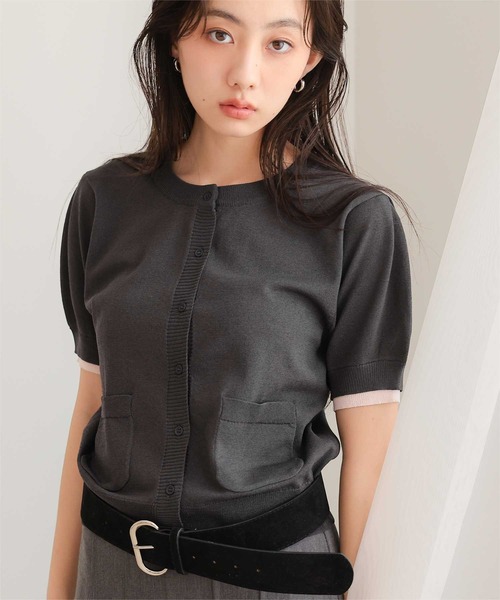 miette（ミエット）の「袖配色サマーニット半袖カーディガン（カーディガン/ボレロ・レディース・ネイビー/ブラウン/チャコール/ライトピンク・L/M/S）」の2枚目の写真