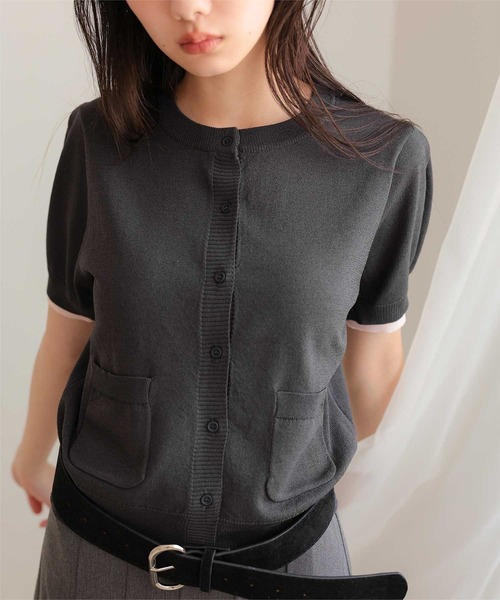 miette（ミエット）の「袖配色サマーニット半袖カーディガン（カーディガン/ボレロ・レディース・ネイビー/ブラウン/チャコール/ライトピンク・L/M/S）」の5枚目の写真