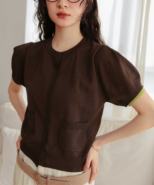 miette（ミエット）の「袖配色サマーニット半袖カーディガン（カーディガン/ボレロ・レディース・ネイビー/ブラウン/チャコール/ライトピンク・L/M/S）」の12枚目の写真