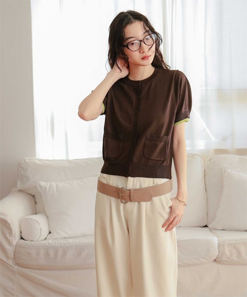 miette（ミエット）の「袖配色サマーニット半袖カーディガン（カーディガン/ボレロ・レディース・ネイビー/ブラウン/チャコール/ライトピンク・L/M/S）」の15枚目の写真