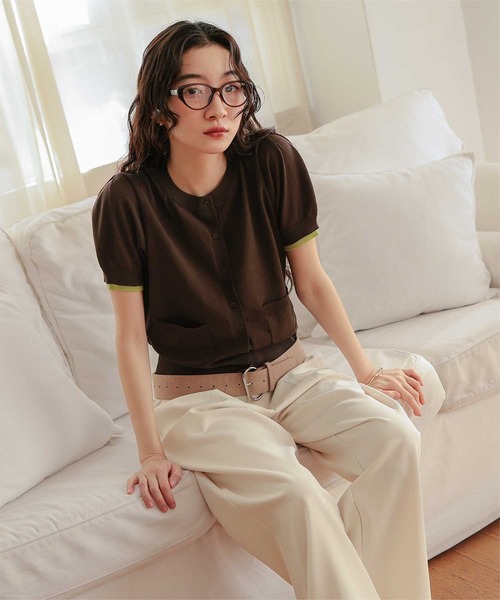 miette（ミエット）の「袖配色サマーニット半袖カーディガン（カーディガン/ボレロ・レディース・ネイビー/ブラウン/チャコール/ライトピンク・L/M/S）」の16枚目の写真