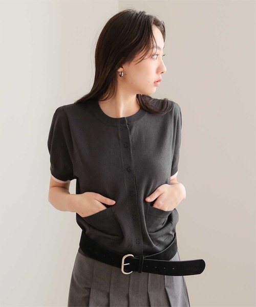 miette（ミエット）の「袖配色サマーニット半袖カーディガン（カーディガン/ボレロ・レディース・ネイビー/ブラウン/チャコール/ライトピンク・L/M/S）」の11枚目の写真