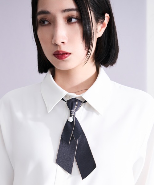 Ellno Loset（エルノロゼット）の「ワンタッチレイヤードリボンネクタイ（ネクタイ・メンズ・ブラック/グレー・FREE）」の4枚目の写真