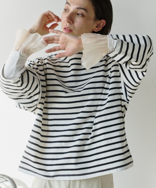 Libra Cue(リブラ キュー)の「ワイドカフボーダーカットソー(Tシャツ/カットソー・レディース・ブラック/ネイビー・FREE)」の5枚目の写真