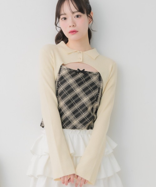 ems excite(エムズエキサイト)の「チェックキャミドッキングNT(ニット/セーター・レディース・ナチュラル/ブラック/ブラウン・FREE)」の3枚目の写真