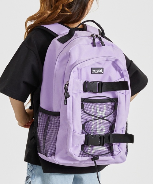 X-girl Stages(エックスガールステージス)の「ロゴ メッシュバックパック(バックパック/リュック・キッズ・グリーン系その他/ラベンダー/ブラック・F)」の1枚目の写真