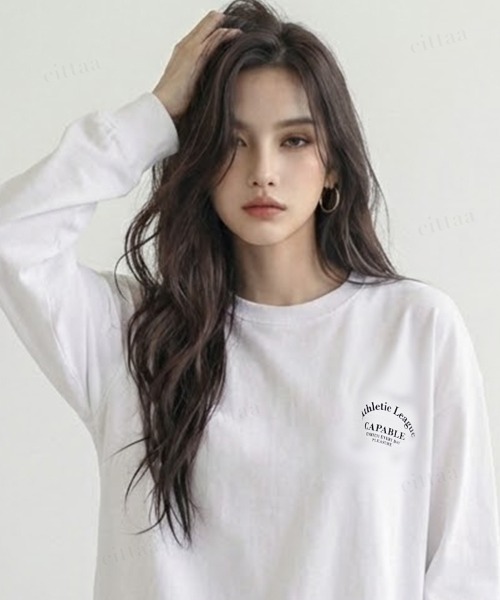 Dalfwin（ダールフィン）の「韓国ファッション CAPABLE英字プリント長袖Tシャツ（Tシャツ/カットソー・レディース・ホワイト/ブラック・FREE）」の6枚目の写真