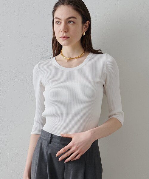 Drawing Numbers(ドローイング ナンバーズ)の「【Drawing Numbers】リブハーフスリーブニット(ニット/セーター・レディース・ブラック/ホワイト/ブラウン・38)」の2枚目の写真