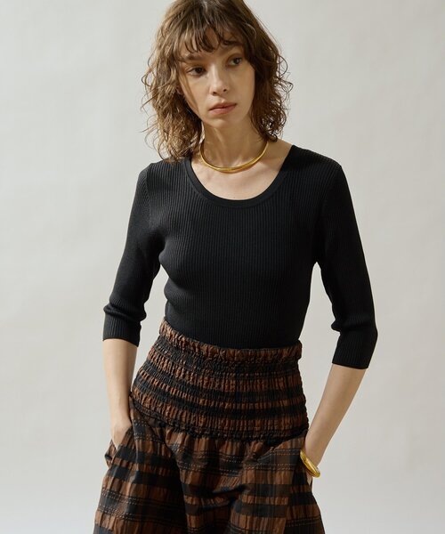 Drawing Numbers(ドローイング ナンバーズ)の「【Drawing Numbers】リブハーフスリーブニット(ニット/セーター・レディース・ブラック/ホワイト/ブラウン・38)」の1枚目の写真