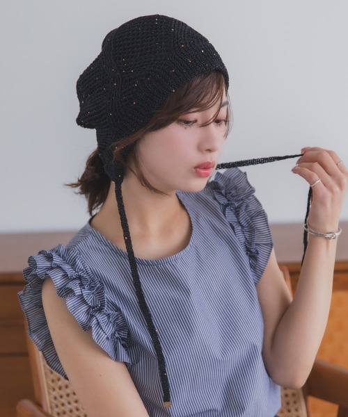 polcadot（ポルカドット）の「GLITTER BONNET／グリッターボンネット バブーシュカ（ニットキャップ/ビーニー・レディース・ライトグレー/グリーン/ベージュ/オレンジ/ブラック・FREE）」の2枚目の写真
