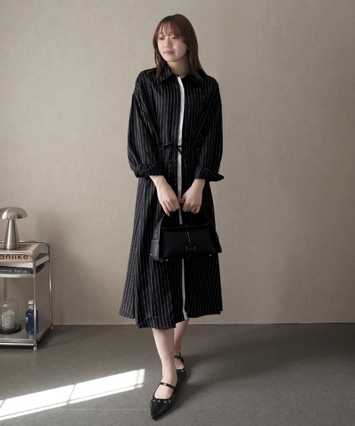 LAFFMO(ラフモ)の「ピンストライプロングシャツワンピース(ワンピース・レディース・ブラック/グレー・F)」の6枚目の写真