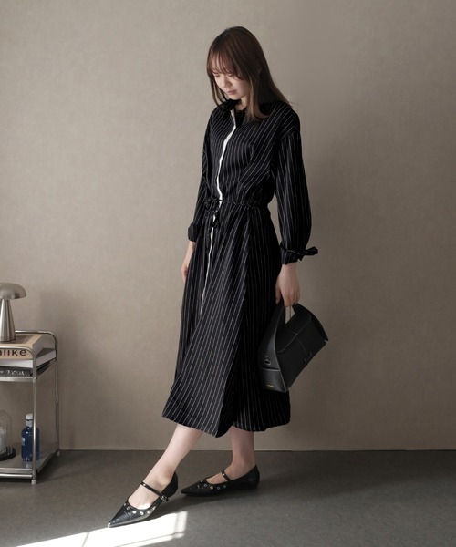 LAFFMO(ラフモ)の「ピンストライプロングシャツワンピース(ワンピース・レディース・ブラック/グレー・F)」の10枚目の写真