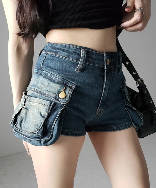 me+em select(ミームセレクト)の「【 ウエスト折り返し可能2WAY /3size 】ヴィンテージアウトポケットマイクロデニムショートパンツ / vintage out pocket micro denim short pants ※※(デニムパンツ・レディース・ブルー/ブラック・LARGE/MEDIUM/SMALL)」の10枚目の写真